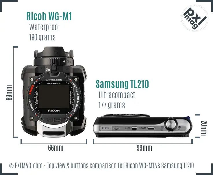 Ricoh WG-M1 vs Samsung TL210 top view buttons comparison Ricoh WG-M1 vs Samsung TL210 top view buttons comparison