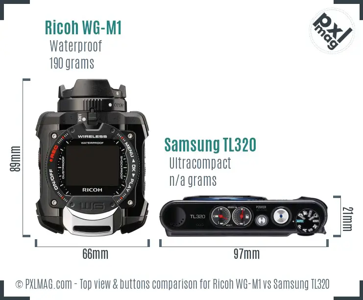 Ricoh WG-M1 vs Samsung TL320 top view buttons comparison