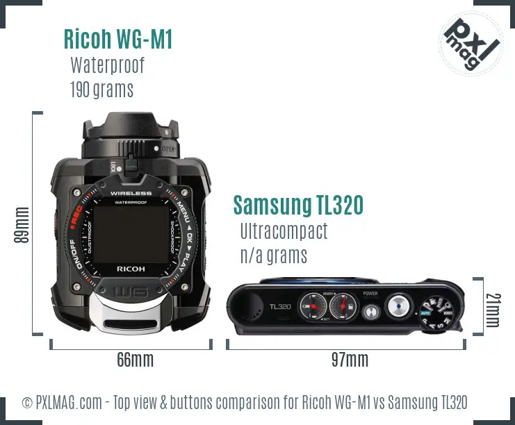 Ricoh WG-M1 vs Samsung TL320 top view buttons comparison Ricoh WG-M1 vs Samsung TL320 top view buttons comparison