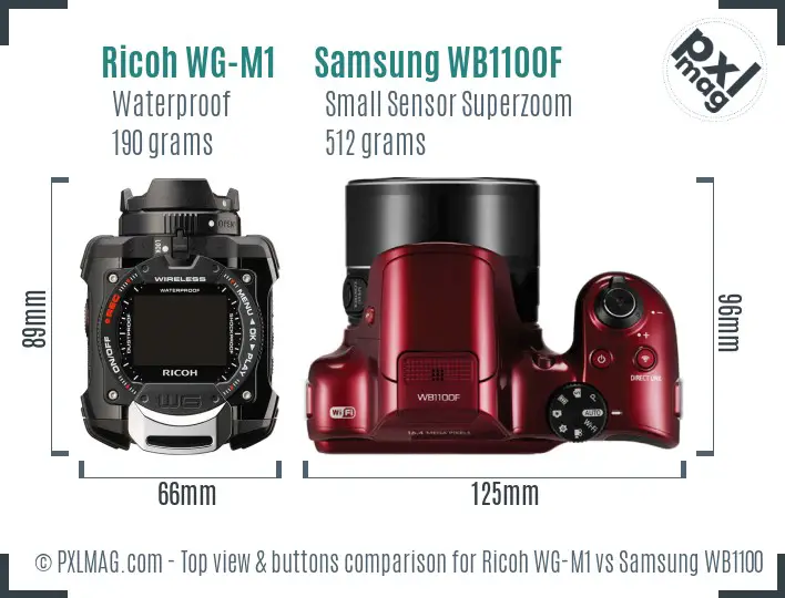 Ricoh WG-M1 vs Samsung WB1100F top view buttons comparison
