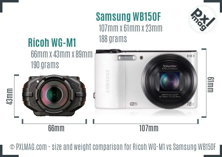 Ricoh WG-M1 vs Samsung WB150F size comparison