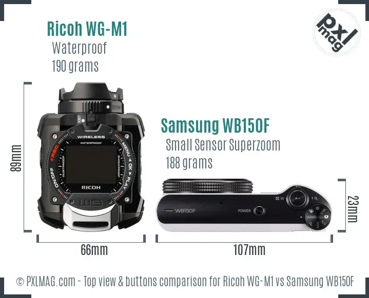 Ricoh WG-M1 vs Samsung WB150F top view buttons comparison