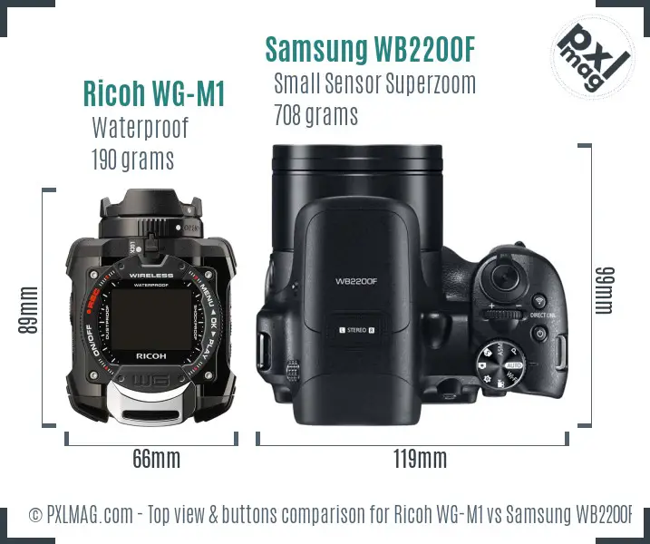 Ricoh WG-M1 vs Samsung WB2200F top view buttons comparison