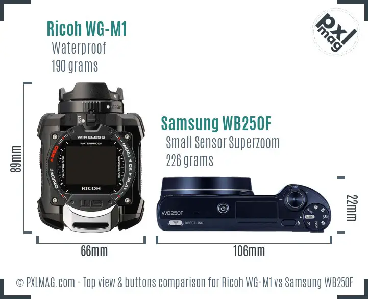 Ricoh WG-M1 vs Samsung WB250F top view buttons comparison
