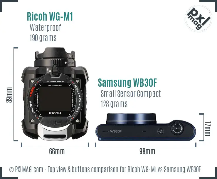 Ricoh WG-M1 vs Samsung WB30F top view buttons comparison