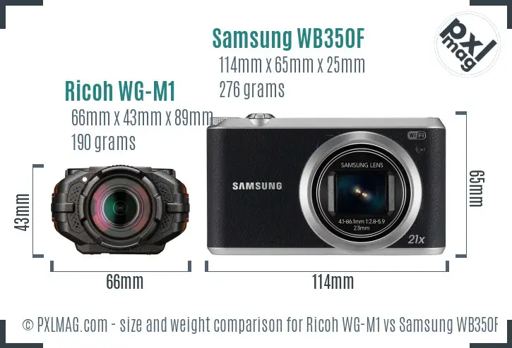 Ricoh WG-M1 vs Samsung WB350F size comparison