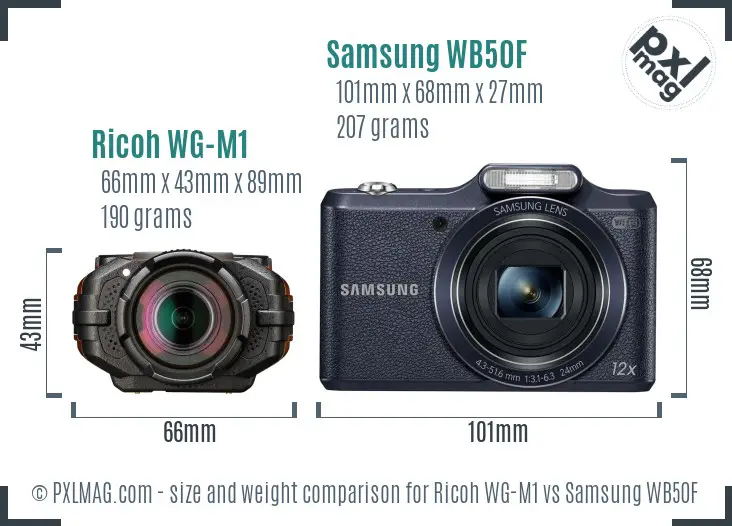 Ricoh WG-M1 vs Samsung WB50F size comparison