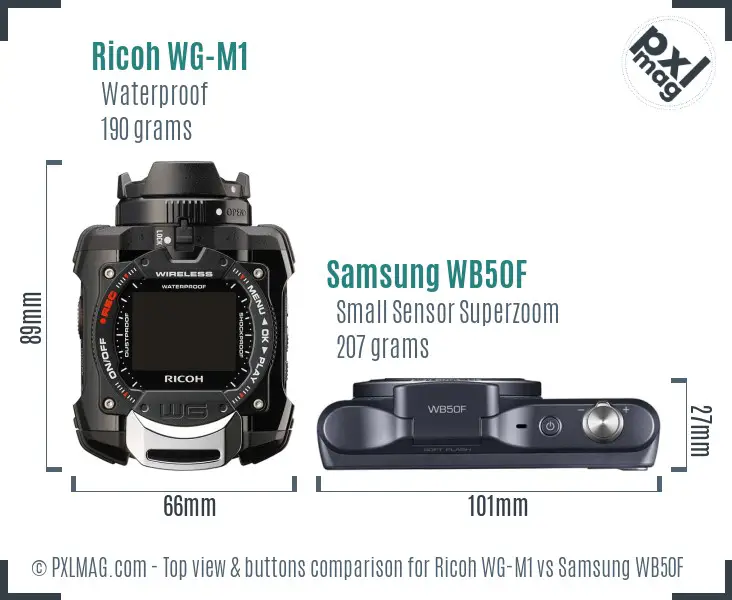 Ricoh WG-M1 vs Samsung WB50F top view buttons comparison