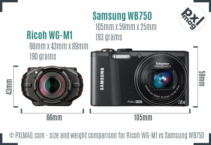 Ricoh WG-M1 vs Samsung WB750 size comparison