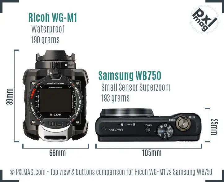Ricoh WG-M1 vs Samsung WB750 top view buttons comparison