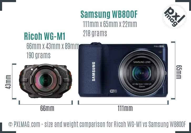 Ricoh WG-M1 vs Samsung WB800F size comparison
