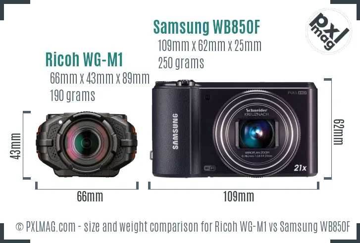 Ricoh WG-M1 vs Samsung WB850F size comparison