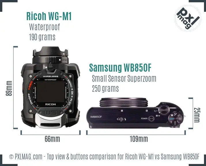 Ricoh WG-M1 vs Samsung WB850F top view buttons comparison