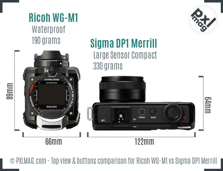 Ricoh WG-M1 vs Sigma DP1 Merrill top view buttons comparison