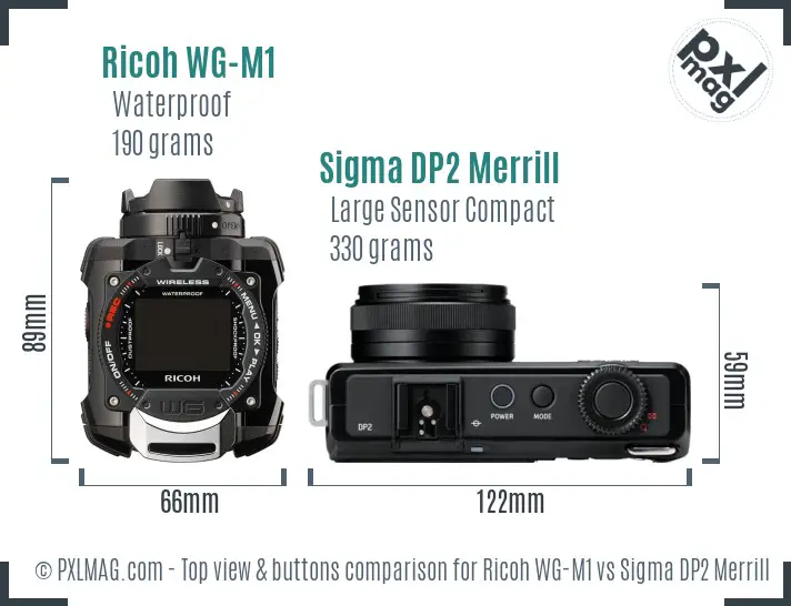Ricoh WG-M1 vs Sigma DP2 Merrill top view buttons comparison