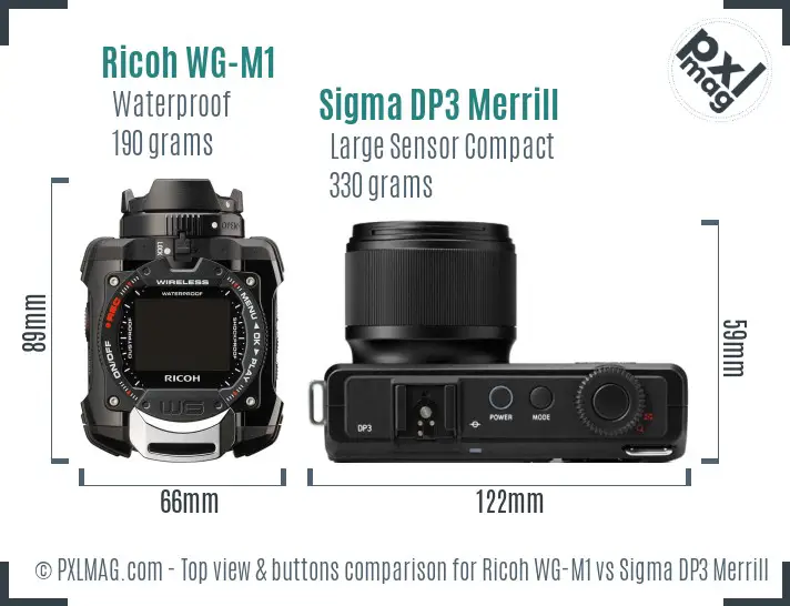 Ricoh WG-M1 vs Sigma DP3 Merrill top view buttons comparison