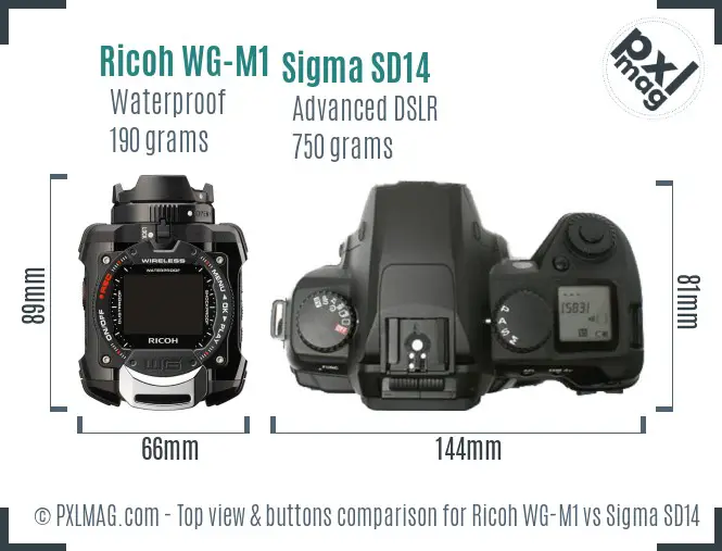 Ricoh WG-M1 vs Sigma SD14 top view buttons comparison
