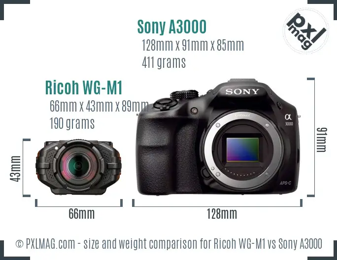 Ricoh WG-M1 vs Sony A3000 size comparison