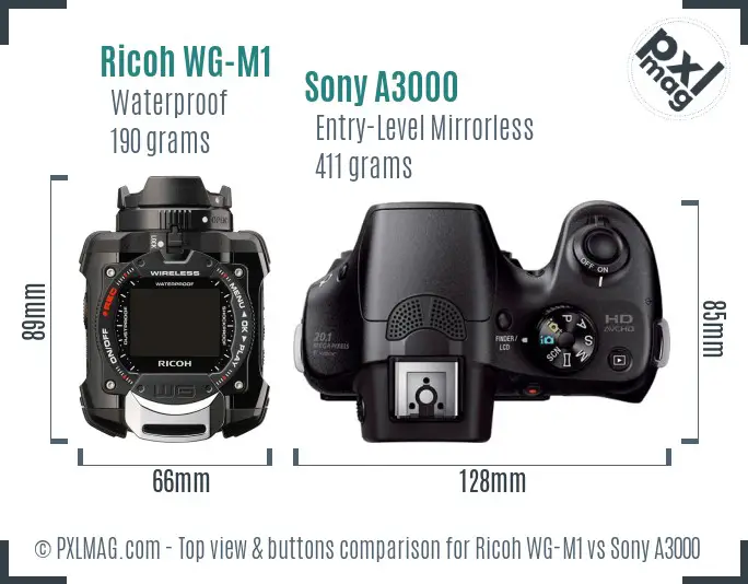 Ricoh WG-M1 vs Sony A3000 top view buttons comparison