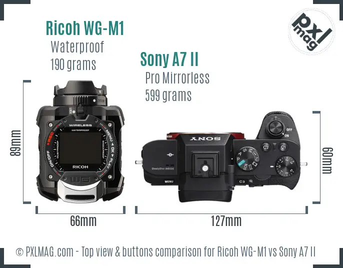 Ricoh WG-M1 vs Sony A7 II top view buttons comparison
