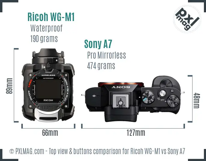 Ricoh WG-M1 vs Sony A7 top view buttons comparison