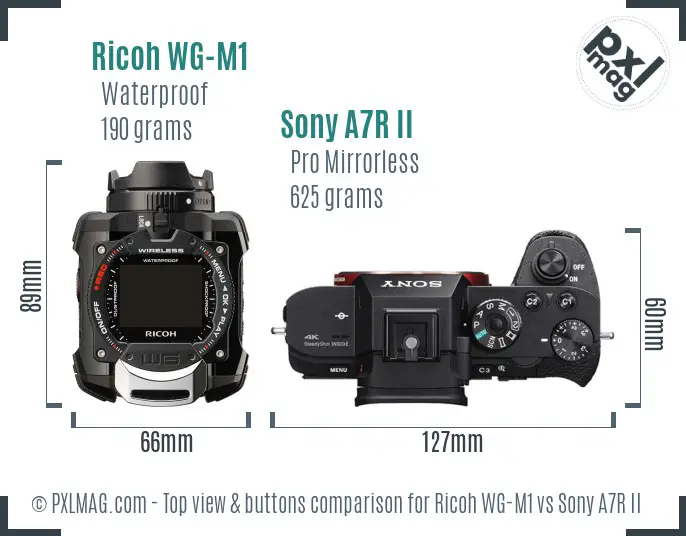 Ricoh WG-M1 vs Sony A7R II top view buttons comparison