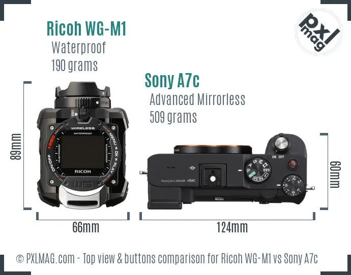 Ricoh WG-M1 vs Sony A7c top view buttons comparison