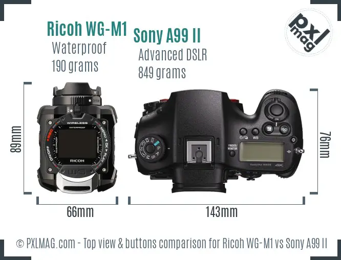Ricoh WG-M1 vs Sony A99 II top view buttons comparison