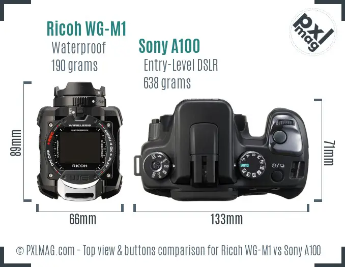 Ricoh WG-M1 vs Sony A100 top view buttons comparison