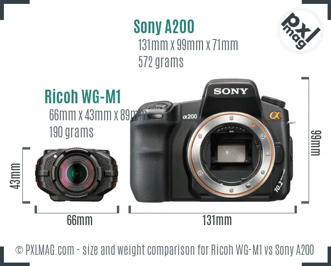 Ricoh WG-M1 vs Sony A200 size comparison