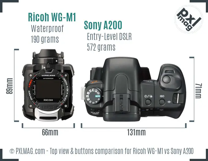 Ricoh WG-M1 vs Sony A200 top view buttons comparison