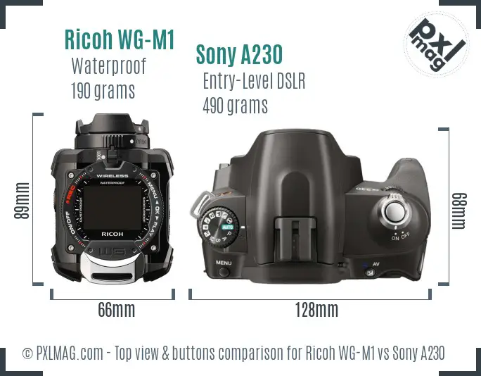 Ricoh WG-M1 vs Sony A230 top view buttons comparison
