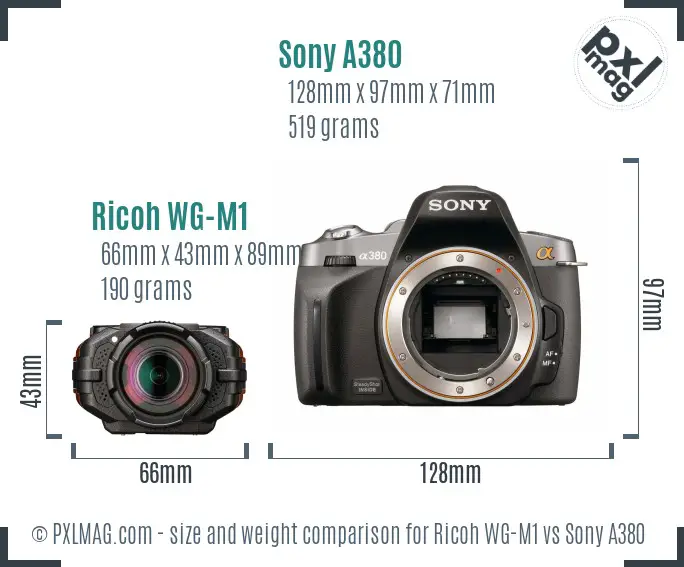Ricoh WG-M1 vs Sony A380 size comparison
