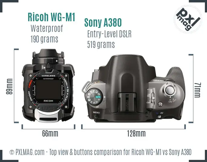Ricoh WG-M1 vs Sony A380 top view buttons comparison
