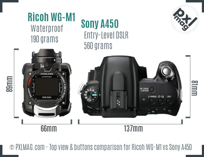 Ricoh WG-M1 vs Sony A450 top view buttons comparison