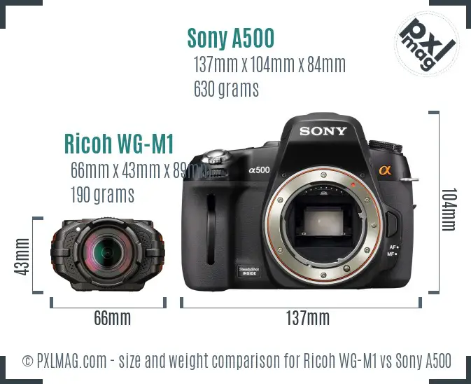 Ricoh WG-M1 vs Sony A500 size comparison