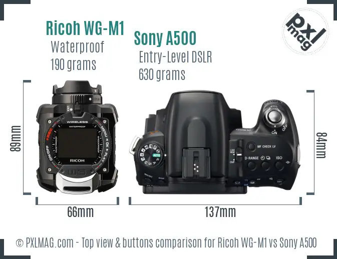Ricoh WG-M1 vs Sony A500 top view buttons comparison