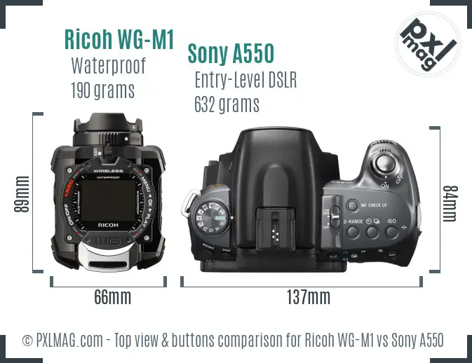 Ricoh WG-M1 vs Sony A550 top view buttons comparison