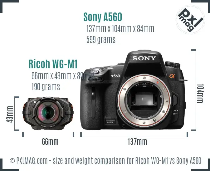 Ricoh WG-M1 vs Sony A560 size comparison