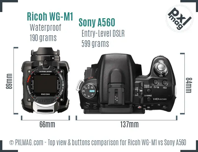 Ricoh WG-M1 vs Sony A560 top view buttons comparison