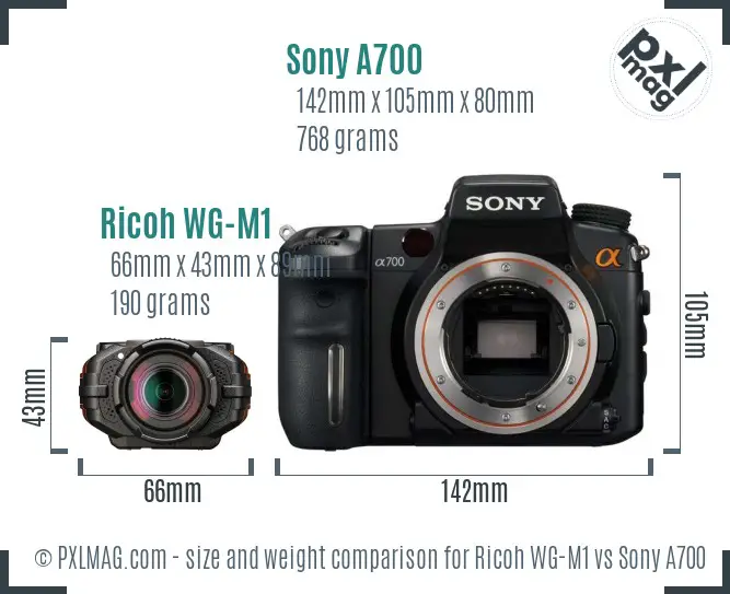 Ricoh WG-M1 vs Sony A700 size comparison