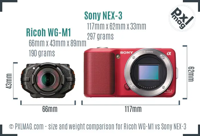 Ricoh WG-M1 vs Sony NEX-3 size comparison