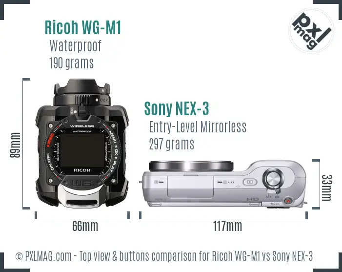 Ricoh WG-M1 vs Sony NEX-3 top view buttons comparison