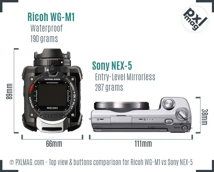 Ricoh WG-M1 vs Sony NEX-5 top view buttons comparison