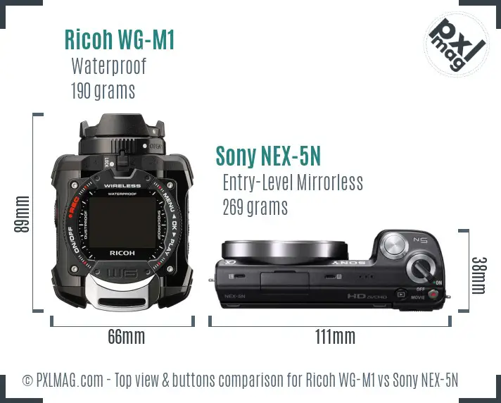 Ricoh WG-M1 vs Sony NEX-5N top view buttons comparison