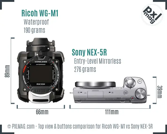 Ricoh WG-M1 vs Sony NEX-5R top view buttons comparison