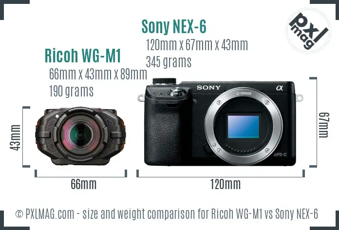 Ricoh WG-M1 vs Sony NEX-6 size comparison