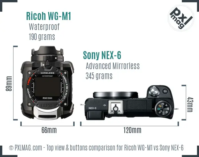 Ricoh WG-M1 vs Sony NEX-6 top view buttons comparison