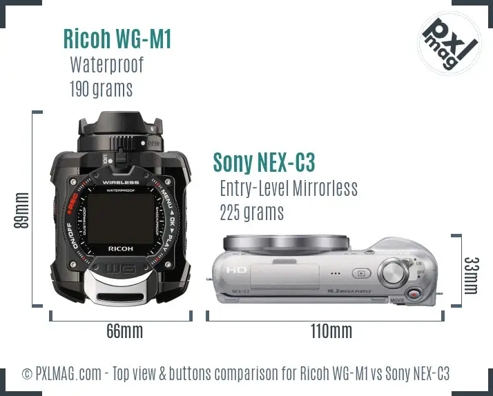 Ricoh WG-M1 vs Sony NEX-C3 top view buttons comparison