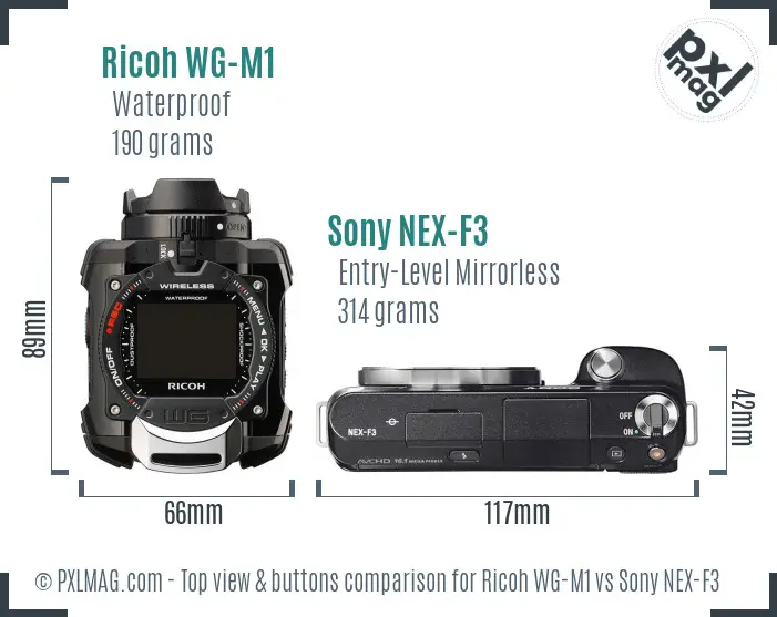 Ricoh WG-M1 vs Sony NEX-F3 top view buttons comparison